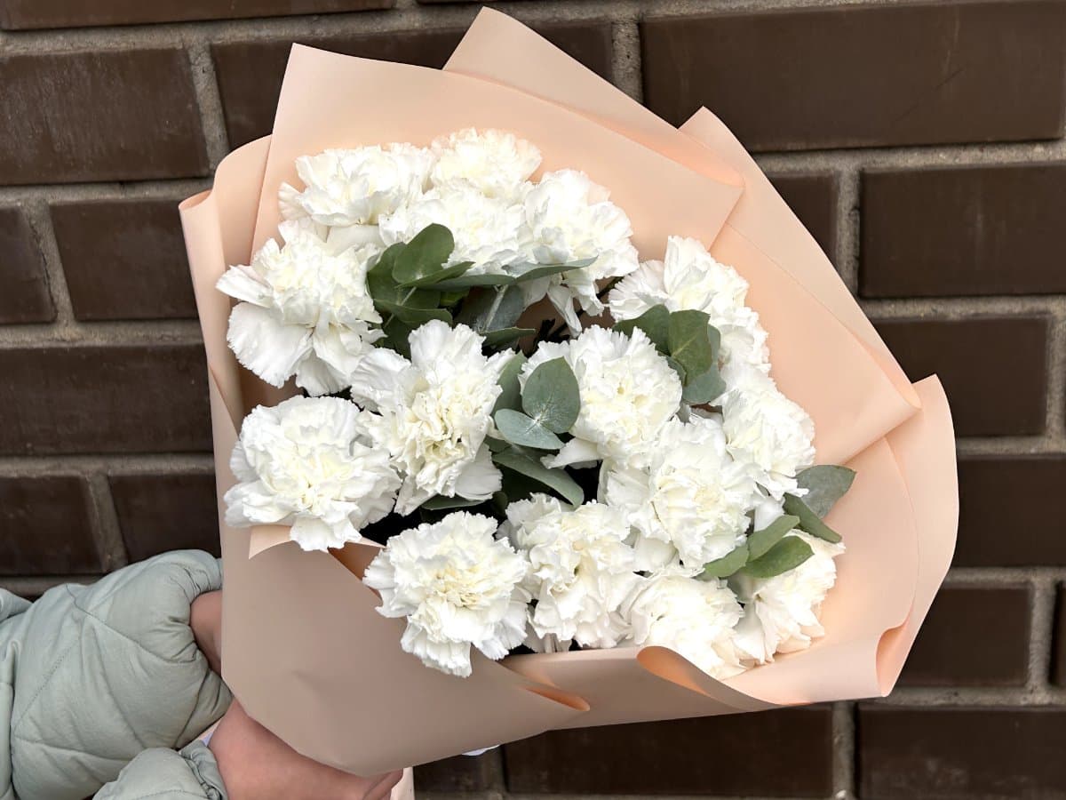 Букет из 15 белых гвоздик и зелени